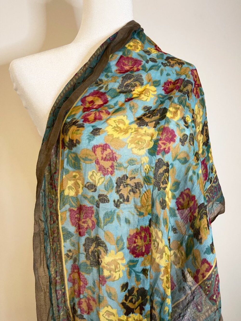 J. Jill Floral Paisley Scarf Teal Multicolor Lightweight Fringed Wrap Artsy - Picture 7 of 9
